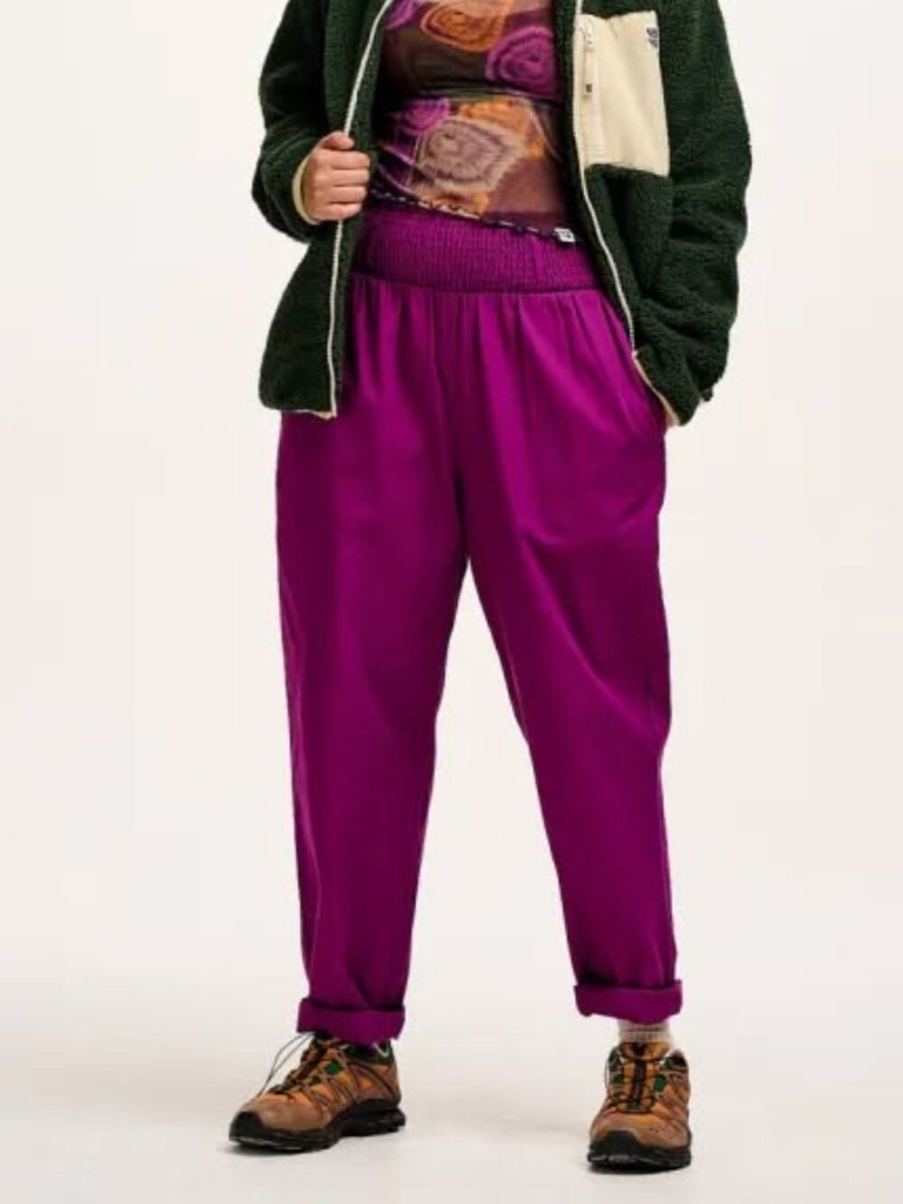 Lucy & Yak Women's Alexa Trousers in Hollyhock Purple Organic Cotton Large Long